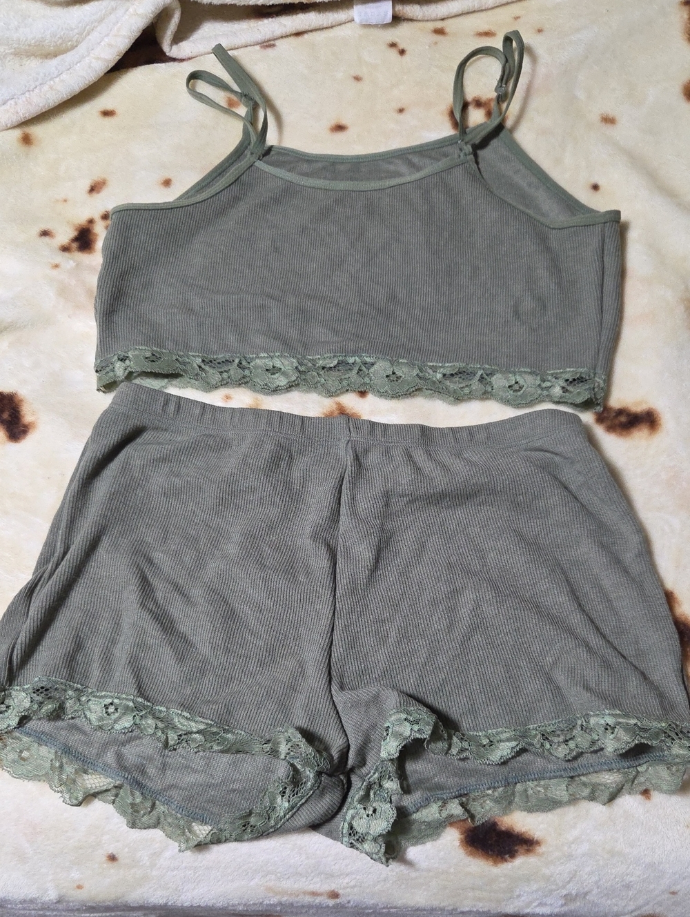 Olive Lace-Trim Ribbed Cami & Shorts Sleep Set